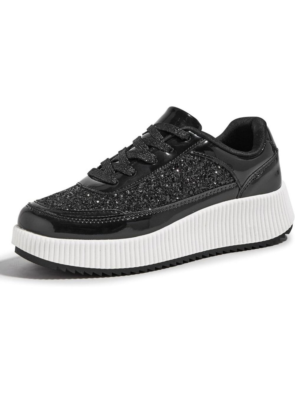 Women's Black Glitter Fashion Braided Crochet Lace Up Retro Walking Sneakers